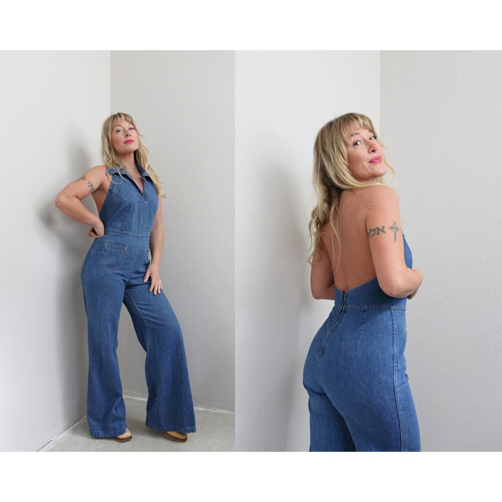 1970's Vintage Landlubber Halter Plunge Denim Disco Jumpsuit ~ Women's SM MD